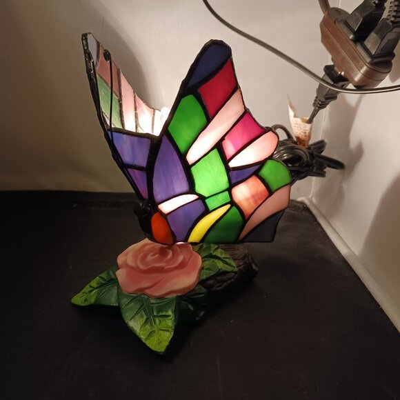 Vintage Stained Tiffany Style Glass Butterfly Table Desk Lamp - Picture 2 of 14